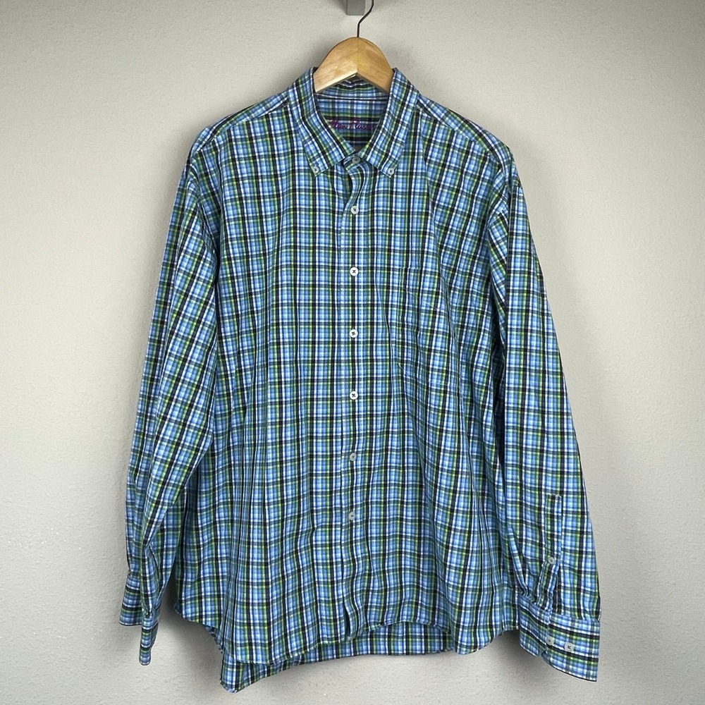 Alan Flusser XL Plaid Shirt Turquoise Blue Green Button Down 100% Cotton